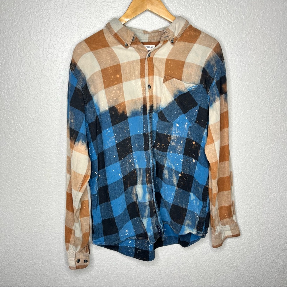 Magellan Outdoors Bleached Plaid Flannel Shirt‎ Classic Fit Grunge Workwear Blue